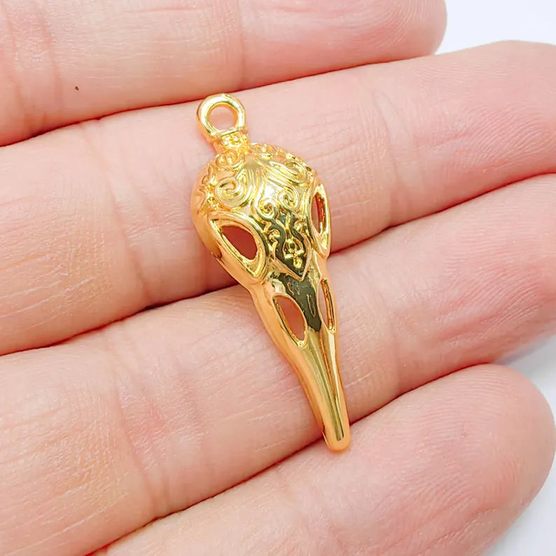 Raven Skull Charm, Ornate Bird Skull Design, 24k Gold Color, Jewelry Finding, 35x12mm, G37729