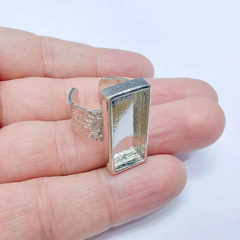 Rectangular Bezel Ring Blank, Shiny Silver Finish, Adjustable Brass Ring Base, 25x10mm, G37734