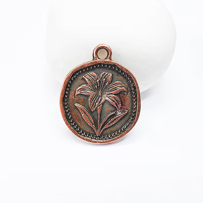 Lily Flower Charm Pendant, Botanical Coin Design, Copper Plated, 29x24mm, G37735