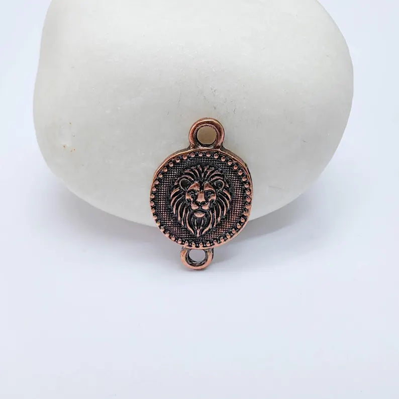 4 Lion Charm Double Sided Connector, Round Coin Design, Antique Copper Plated, 20x13mm, G37738