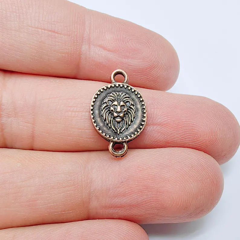 4 Lion Charm Double Sided Connector, Round Coin Design, Antique Copper Plated, 20x13mm, G37738