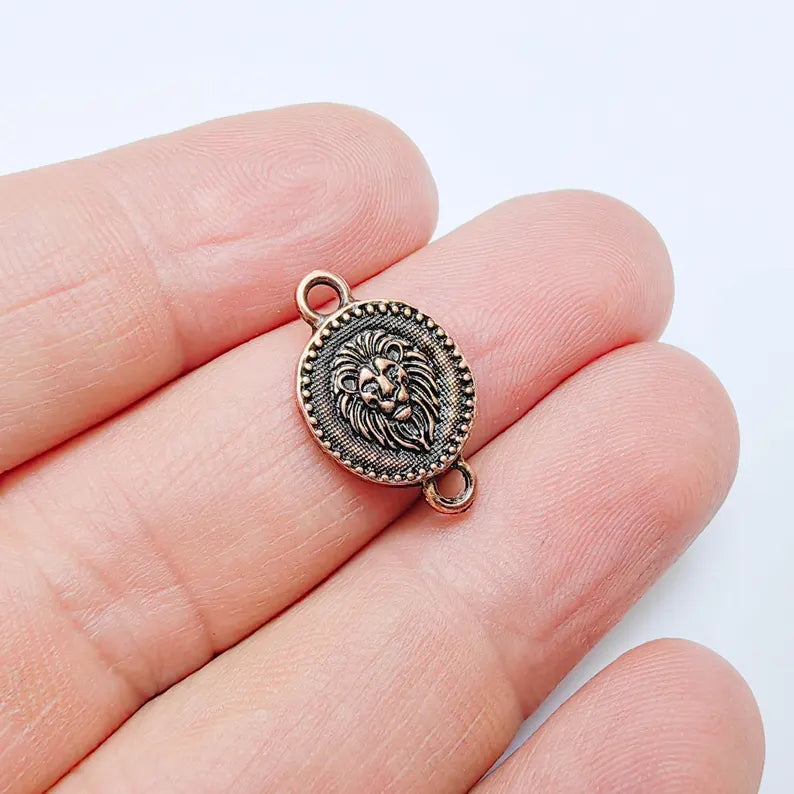 4 Lion Charm Double Sided Connector, Round Coin Design, Antique Copper Plated, 20x13mm, G37738