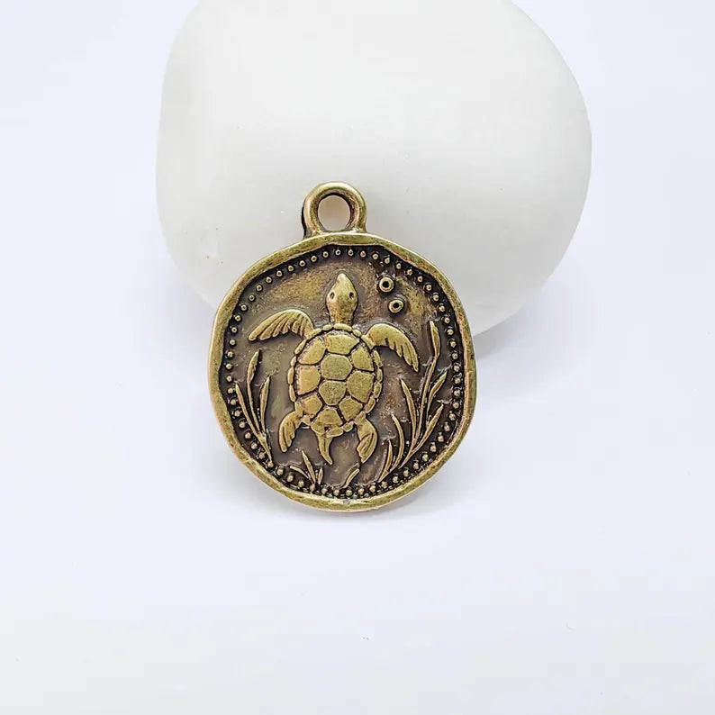 Sea Turtle Charm Pendant, Ocean Animal Design, Antique Bronze Plated, 29x24mm, G37739
