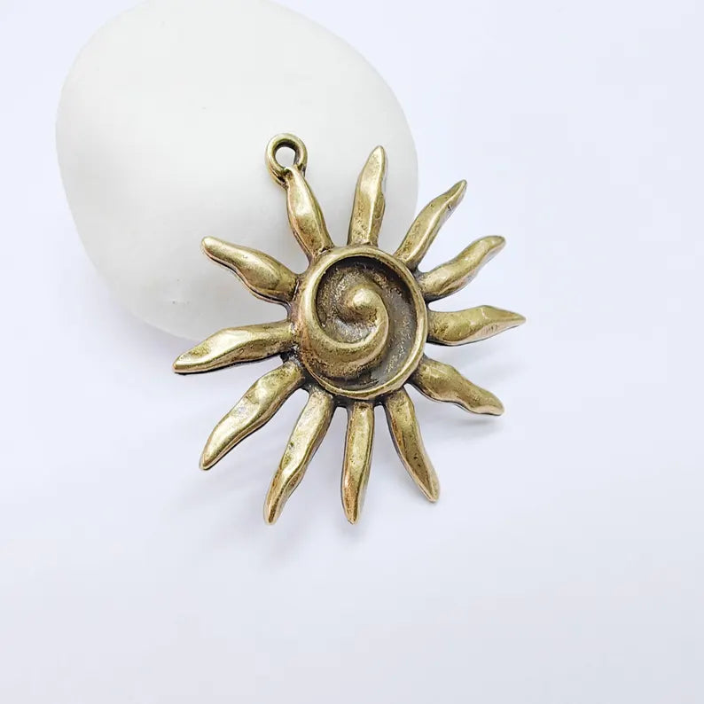 Radiant Sun Pendant, Spiral Center Solar Charm, Boho Statement Celestial Necklace, Rustic Summer, Antique Bronze Plated 48x46mm G37743
