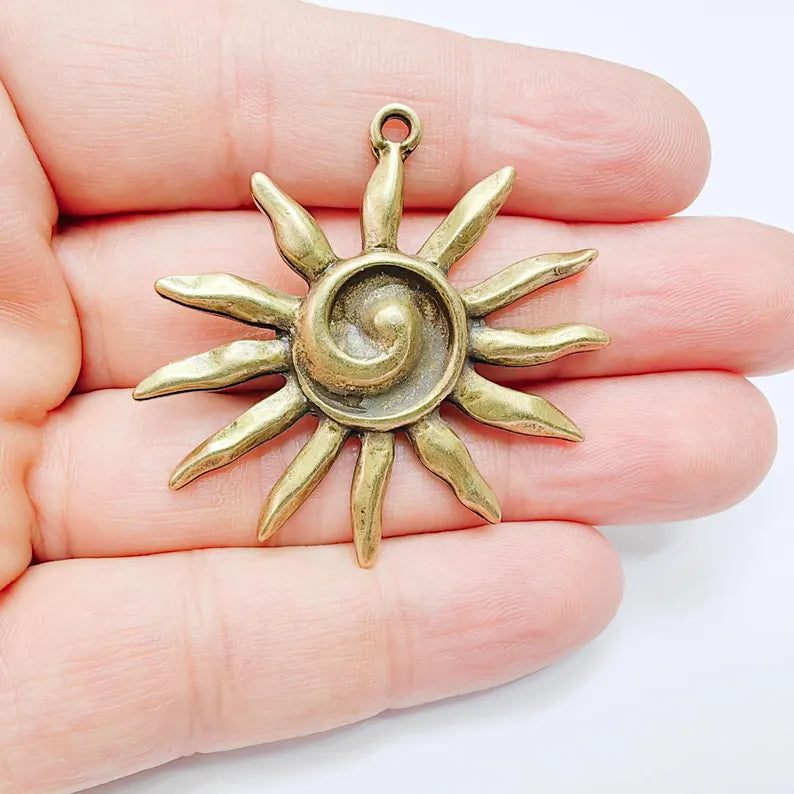 Radiant Sun Pendant, Spiral Center Solar Charm, Boho Statement Celestial Necklace, Rustic Summer, Antique Bronze Plated 48x46mm G37743