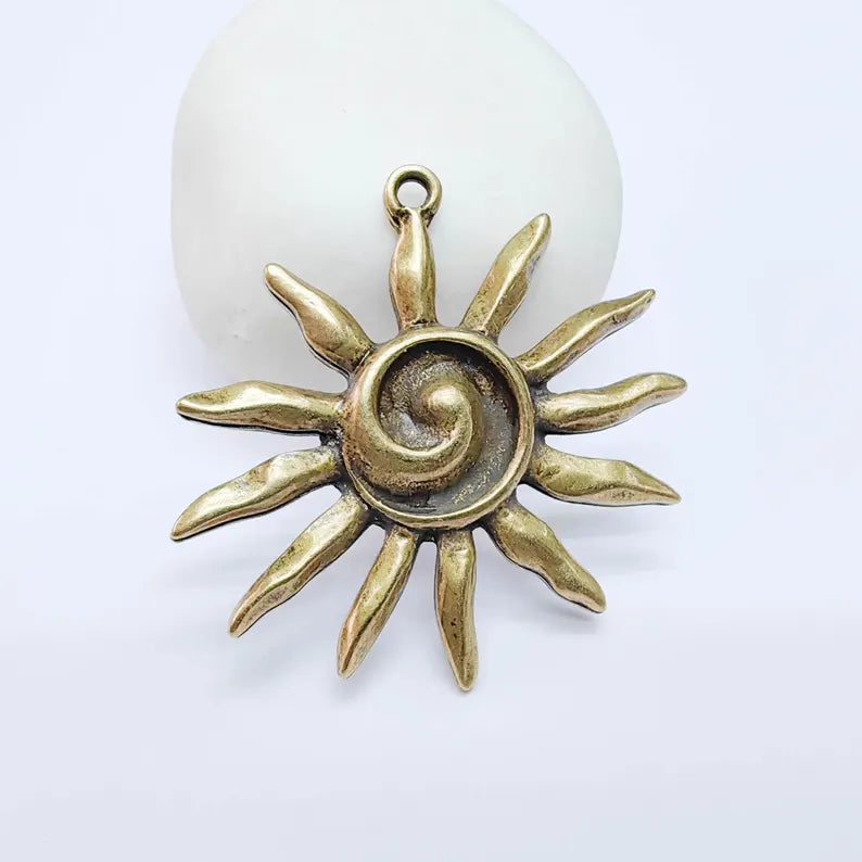 Radiant Sun Pendant, Spiral Center Solar Charm, Boho Statement Celestial Necklace, Rustic Summer, Antique Bronze Plated 48x46mm G37743