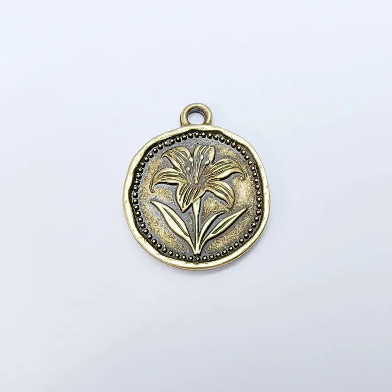 Lily Flower Charm Pendant, Botanical Coin Design, Bronze Plated, 29x24mm, G37744