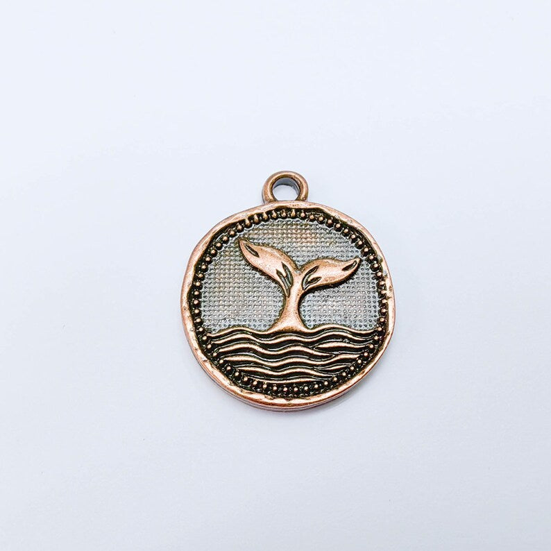 Whale Tail Charm Pendant, Ocean Symbol Coin Design, Copper Plated, 29x24mm, G37748
