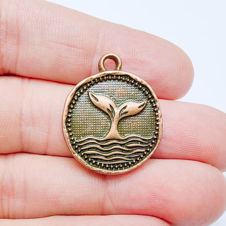 Whale Tail Charm Pendant, Ocean Symbol Coin Design, Copper Plated, 29x24mm, G37748