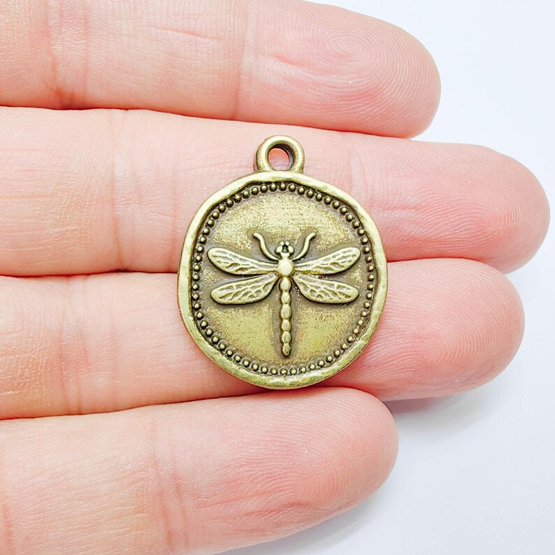 Dragonfly Charm Pendant, Round Botanical Coin Design, Copper Plated, 29x24mm, G37750