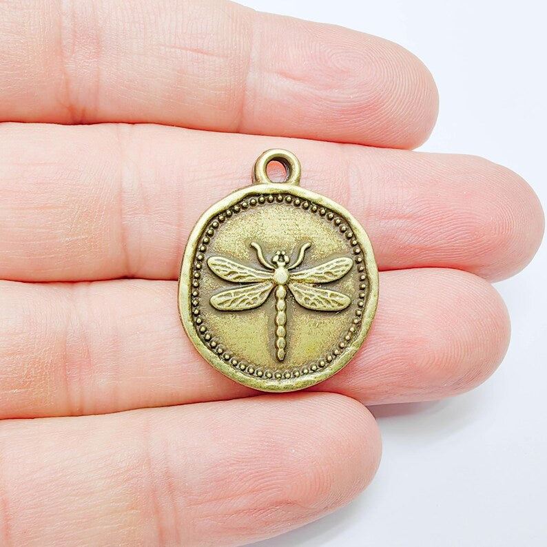 Dragonfly Charm Pendant, Round Botanical Coin Design, Copper Plated, 29x24mm, G37750