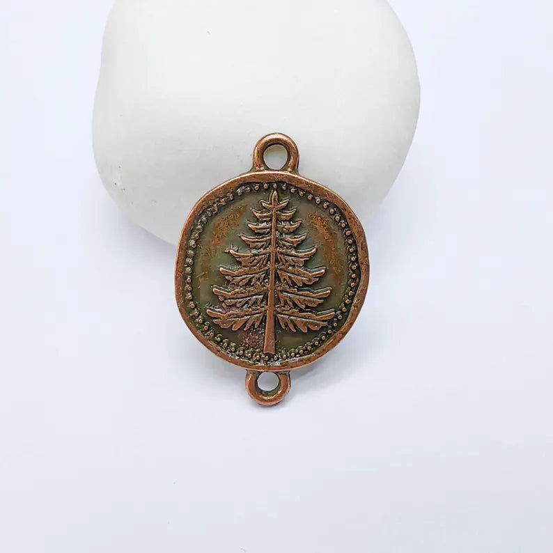 Pine Tree Charm Connector, Botanical Nature Symbol Design, Antique Copper Plated 37x24mm, G37752
