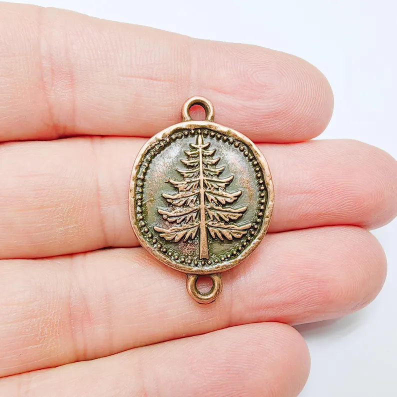 Pine Tree Charm Connector, Botanical Nature Symbol Design, Antique Copper Plated 37x24mm, G37752