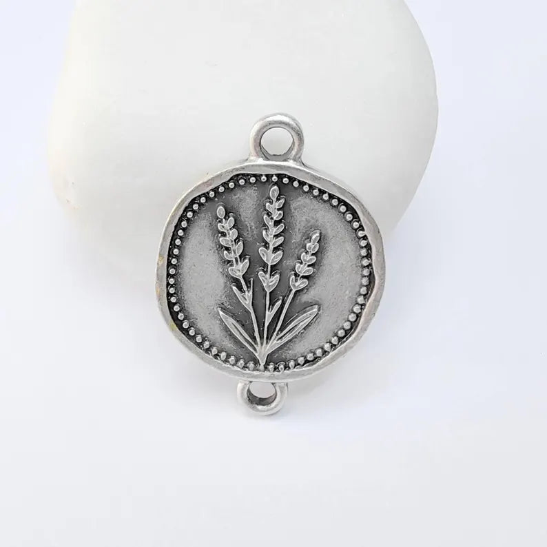 Lavender Flower Connector Charm, Botanical Floral Design, Antique Silver Plated, Oval Shape, 34x24mm, G37787
