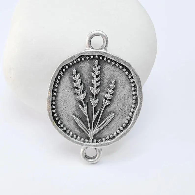 Lavender Flower Connector Charm, Botanical Floral Design, Antique Silver Plated, Oval Shape, 34x24mm, G37787