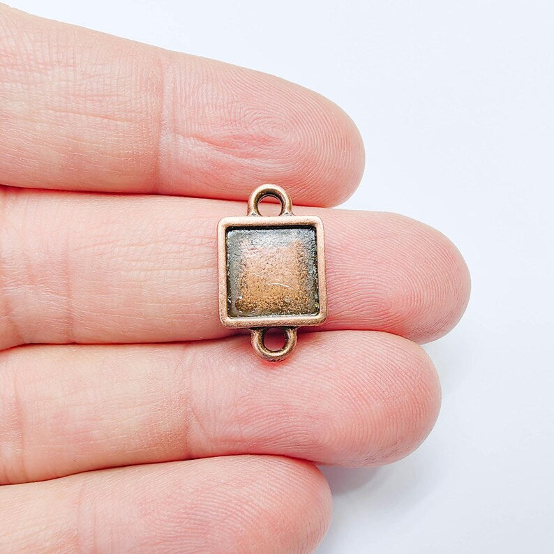 4 Square Bezel Connector Pendant, Double Loop Design, Antique Copper Plated, 10x10mm Bezel, G37788
