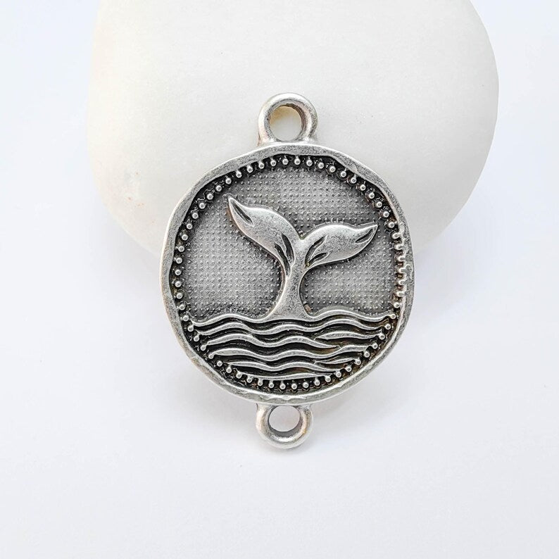 Whale Tail Charm Connector, Ocean Wave Symbol Design, Antique Silver Plated 34x24mm, G37790