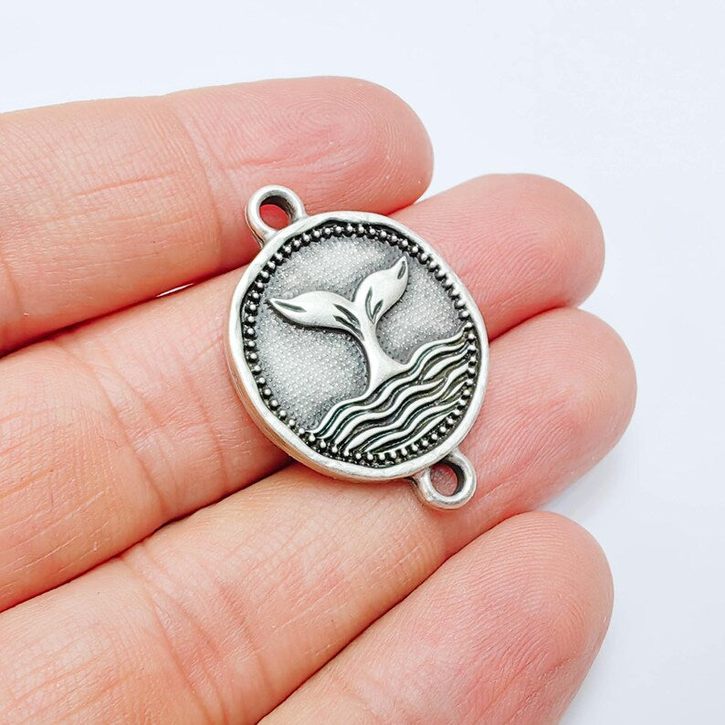 Whale Tail Charm Connector, Ocean Wave Symbol Design, Antique Silver Plated 34x24mm, G37790