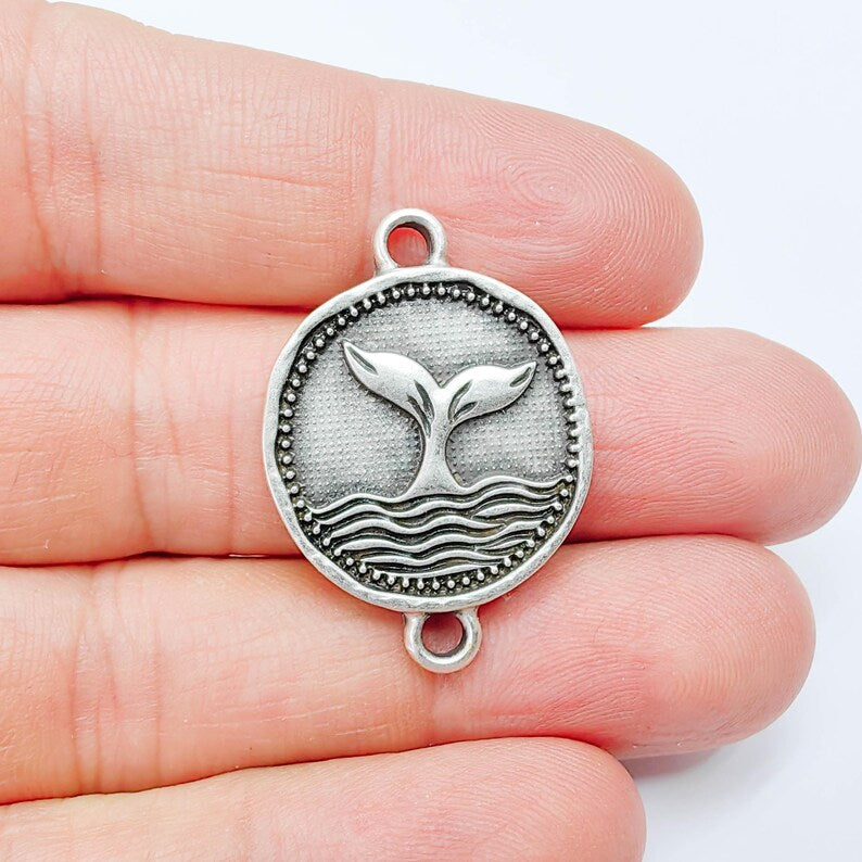 Whale Tail Charm Connector, Ocean Wave Symbol Design, Antique Silver Plated 34x24mm, G37790