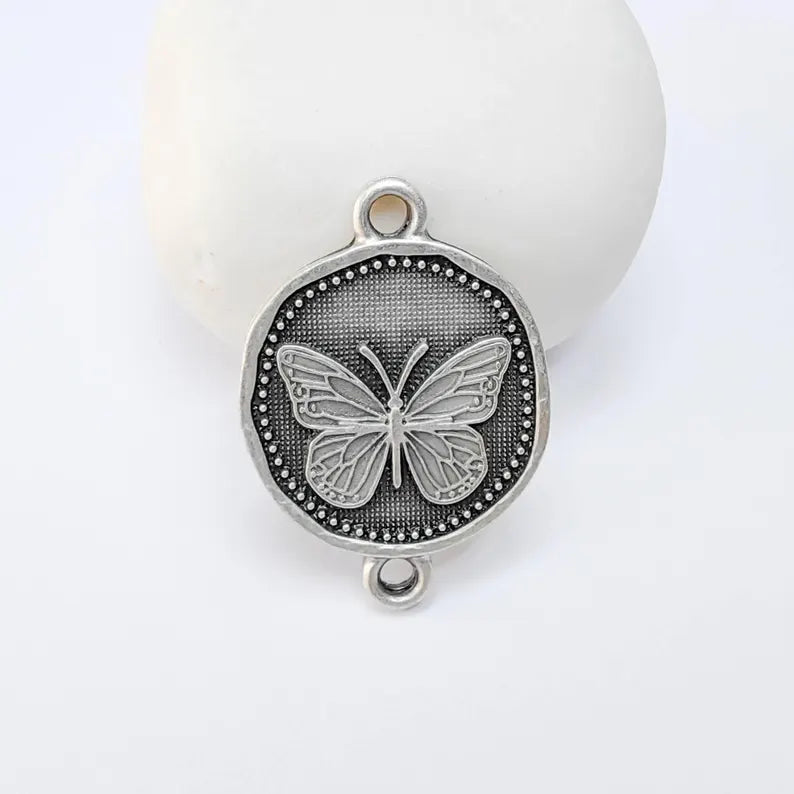 Butterfly Connector Charm, Insect Nature Design, Antique Silver Plated, Round Shape, 34x24mm, G37792