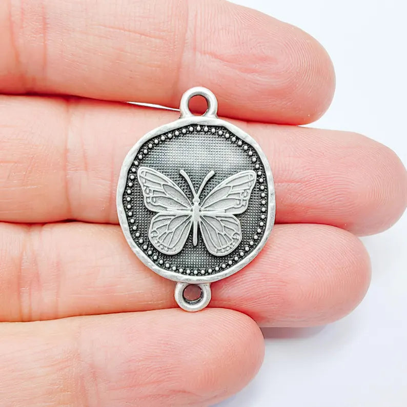Butterfly Connector Charm, Insect Nature Design, Antique Silver Plated, Round Shape, 34x24mm, G37792