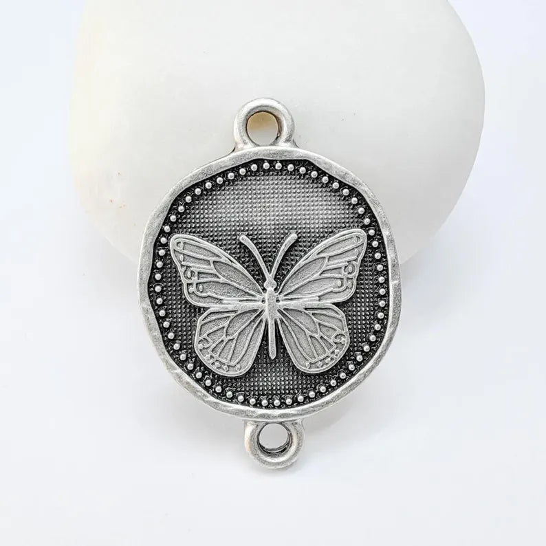 Butterfly Connector Charm, Insect Nature Design, Antique Silver Plated, Round Shape, 34x24mm, G37792