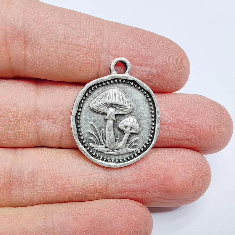 Mushroom Charm Pendant, Botanical Fungi Design, Antique Silver Plated, 29x24mm G37753