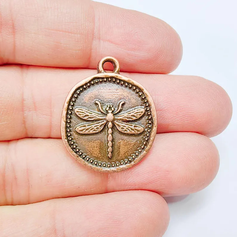 Dragonfly Charm Pendant, Round Botanical Coin Design, Antique Copper Plated, 29x24mm G37754