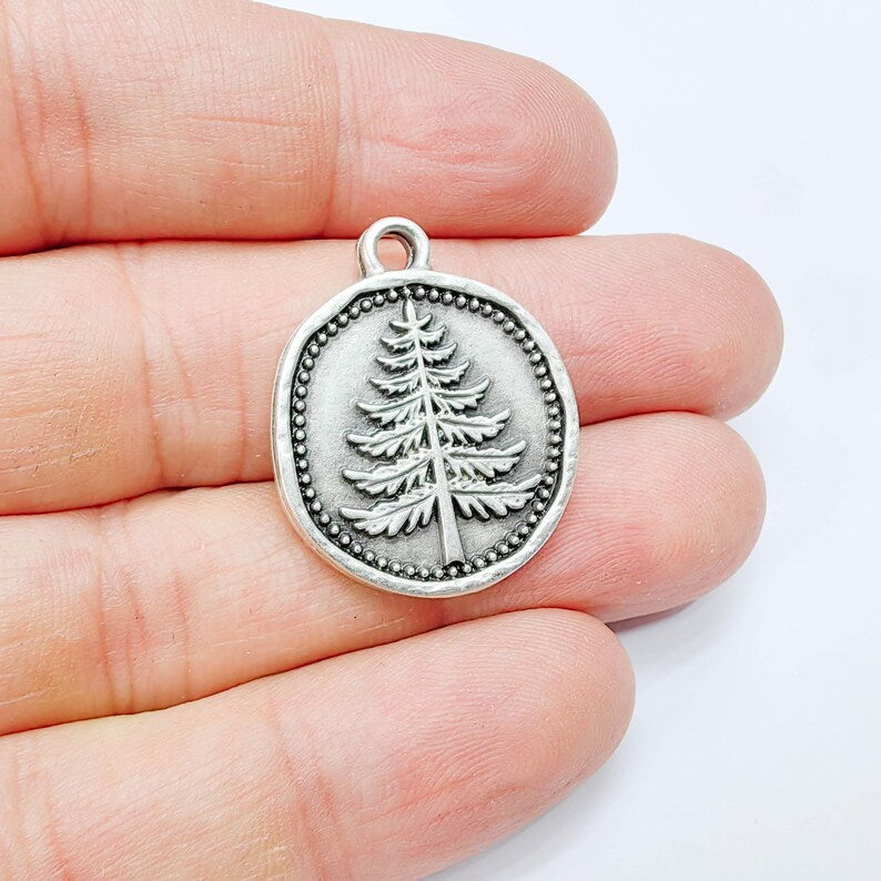 Pine Tree Charm Pendant, Round Forest Design, Antique Silver Plated, 28x24mm G37755