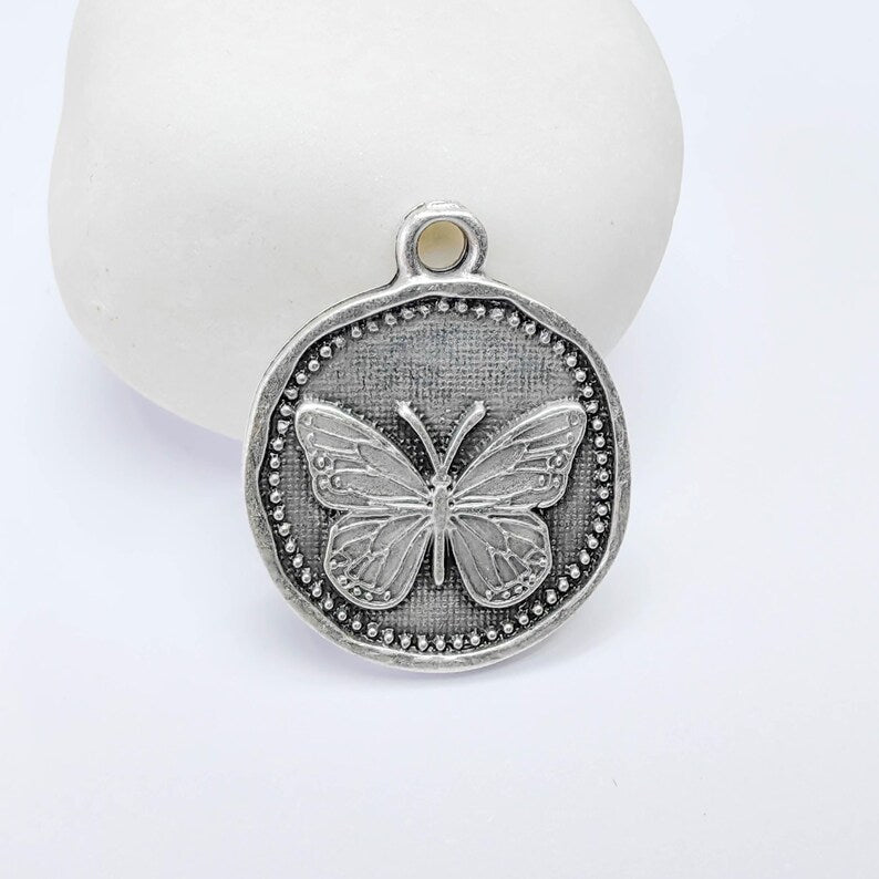 Butterfly Charm Pendant, Detailed Insect Design, Antique Silver Plated, Round Shape, 28x24mm, G37757