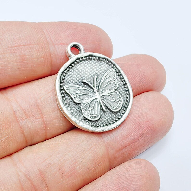Butterfly Charm Pendant, Detailed Insect Design, Antique Silver Plated, Round Shape, 28x24mm, G37757
