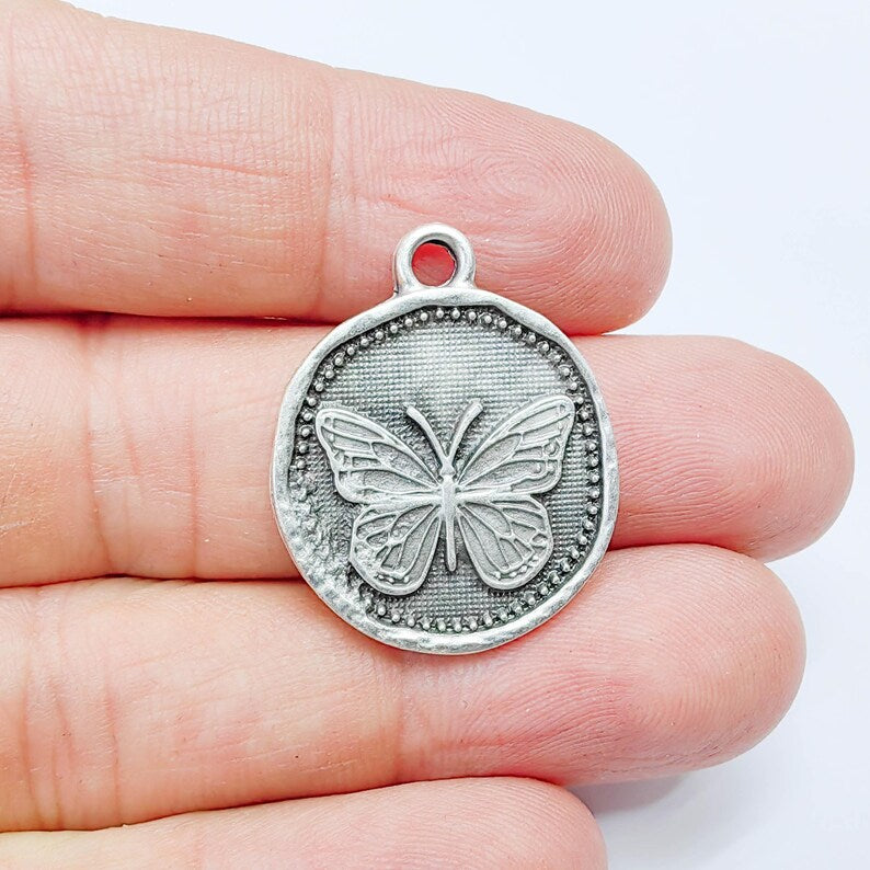 Butterfly Charm Pendant, Detailed Insect Design, Antique Silver Plated, Round Shape, 28x24mm, G37757