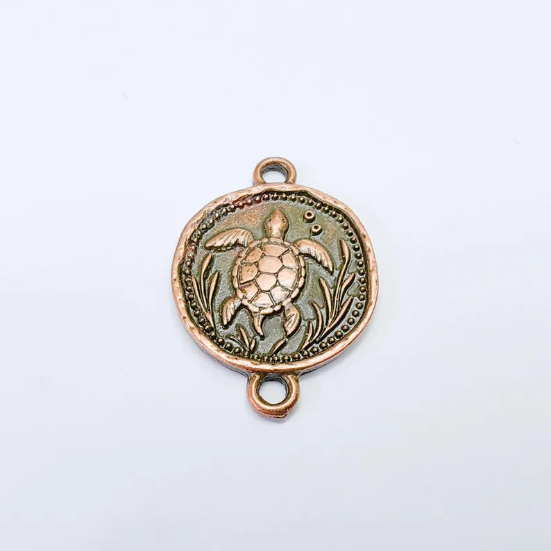 Sea Turtle Charm Connector, Round Ocean Animal Design, Antique Copper Plated, 34x24mm, G37758