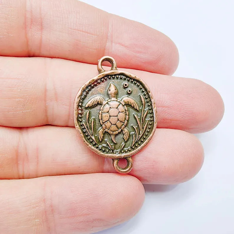 Sea Turtle Charm Connector, Round Ocean Animal Design, Antique Copper Plated, 34x24mm, G37758