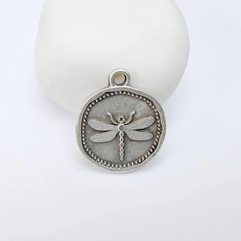 Dragonfly Charm Pendant, Round Botanical Coin Design, Antique Silver Plated, 29x24mm G37759