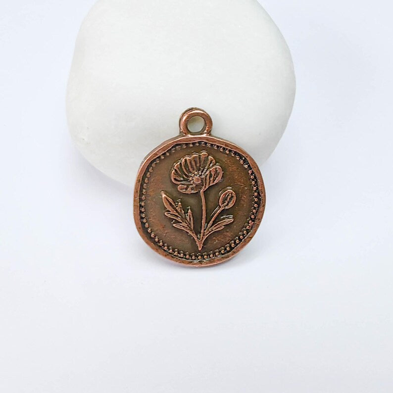 Poppy Charm Wildflower Pendant, Botanical Coin Design, Copper Plated, 29x24mm, G37762