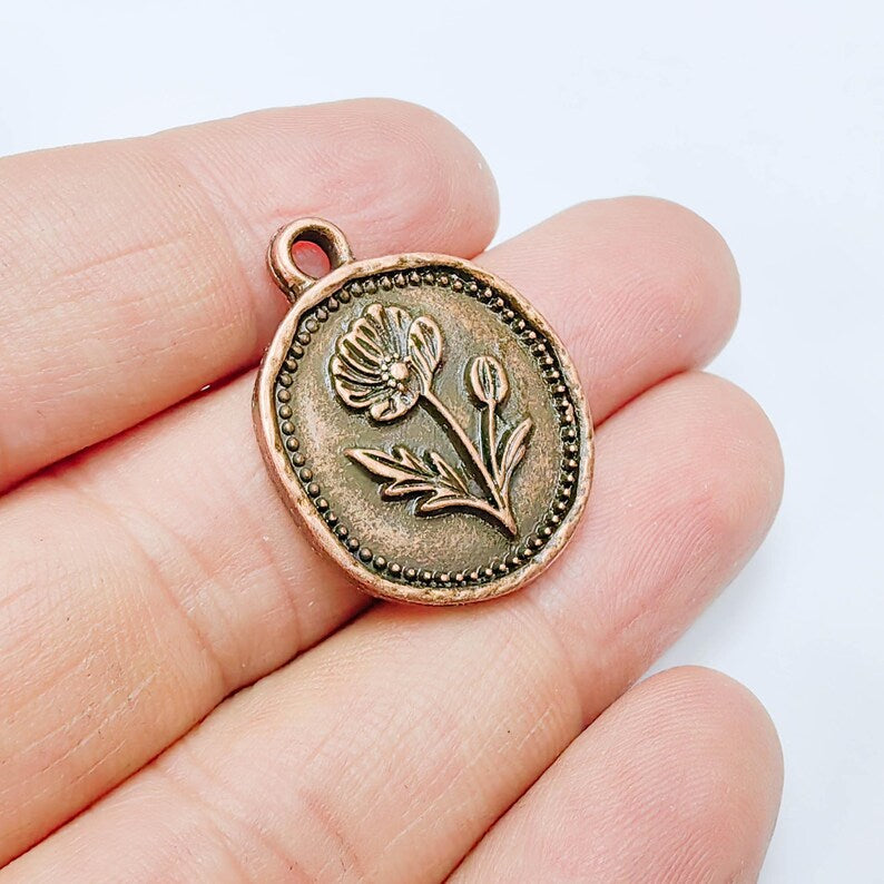 Poppy Charm Wildflower Pendant, Botanical Coin Design, Copper Plated, 29x24mm, G37762