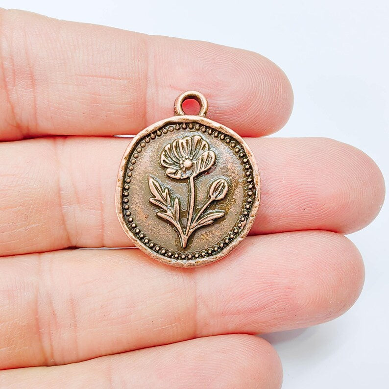 Poppy Charm Wildflower Pendant, Botanical Coin Design, Copper Plated, 29x24mm, G37762