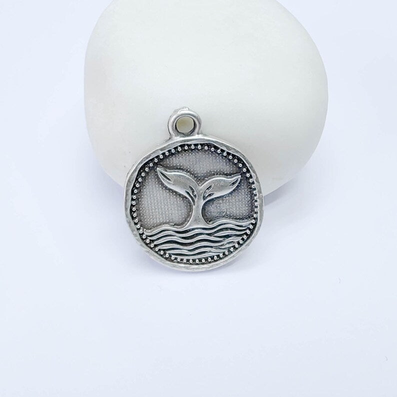 Whale Tail Charm Pendant, Ocean Symbol Coin Design, Antique Silver Plated, 29x24mm, G37763