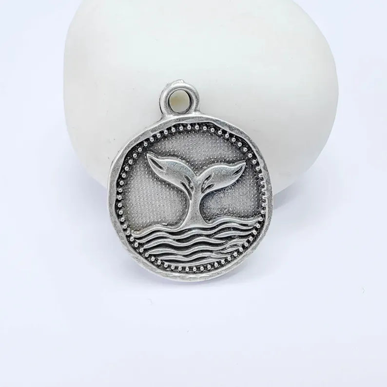 Whale Tail Charm Pendant, Ocean Symbol Coin Design, Antique Silver Plated, 29x24mm, G37763