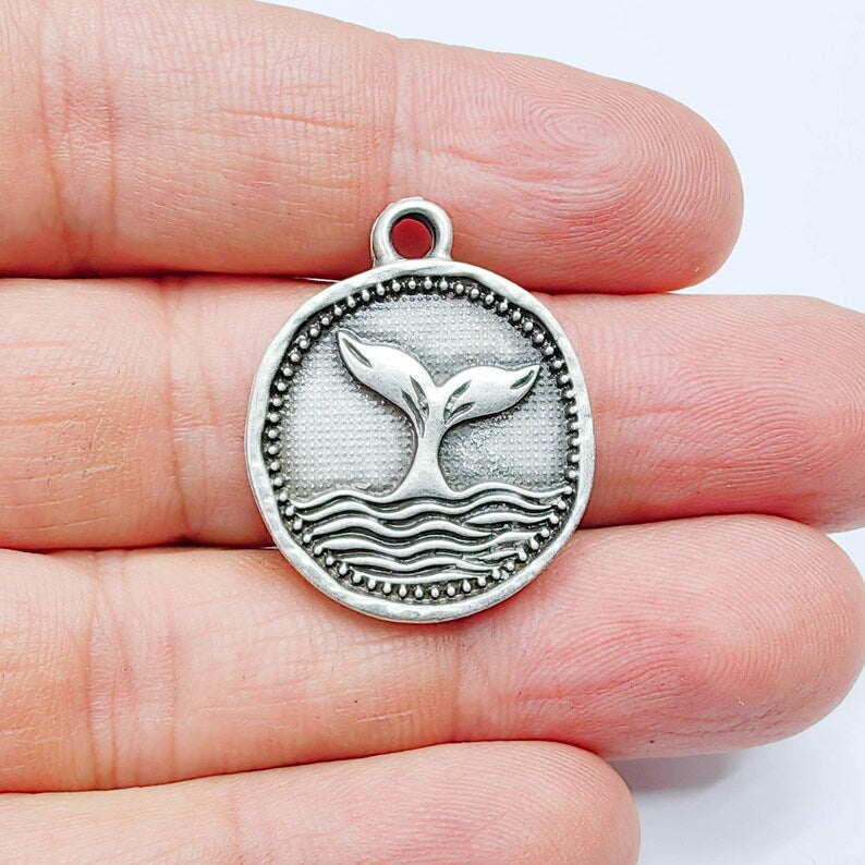 Whale Tail Charm Pendant, Ocean Symbol Coin Design, Antique Silver Plated, 29x24mm, G37763