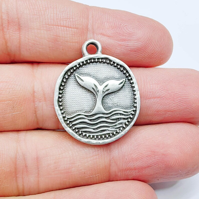 Whale Tail Charm Pendant, Ocean Symbol Coin Design, Antique Silver Plated, 29x24mm, G37763