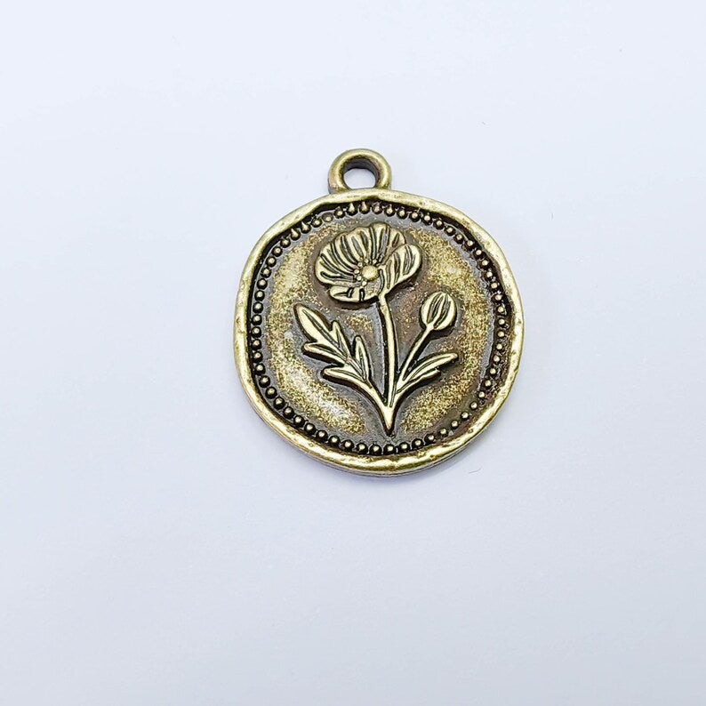 Poppy Charm Wildflower Pendant, Botanical Coin Design, Antique Bronze Plated, 29x24mm, G37764