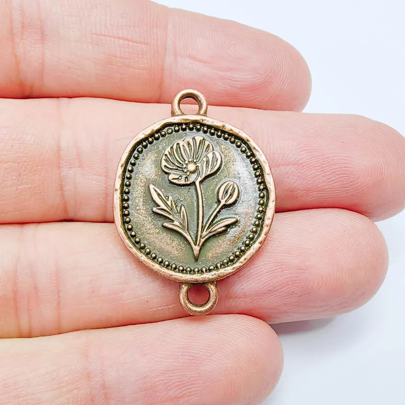 Poppy Flower Charm Connector, Botanical Floral Symbol, Round Coin, Antique Copper Plated 37x24mm, G37766