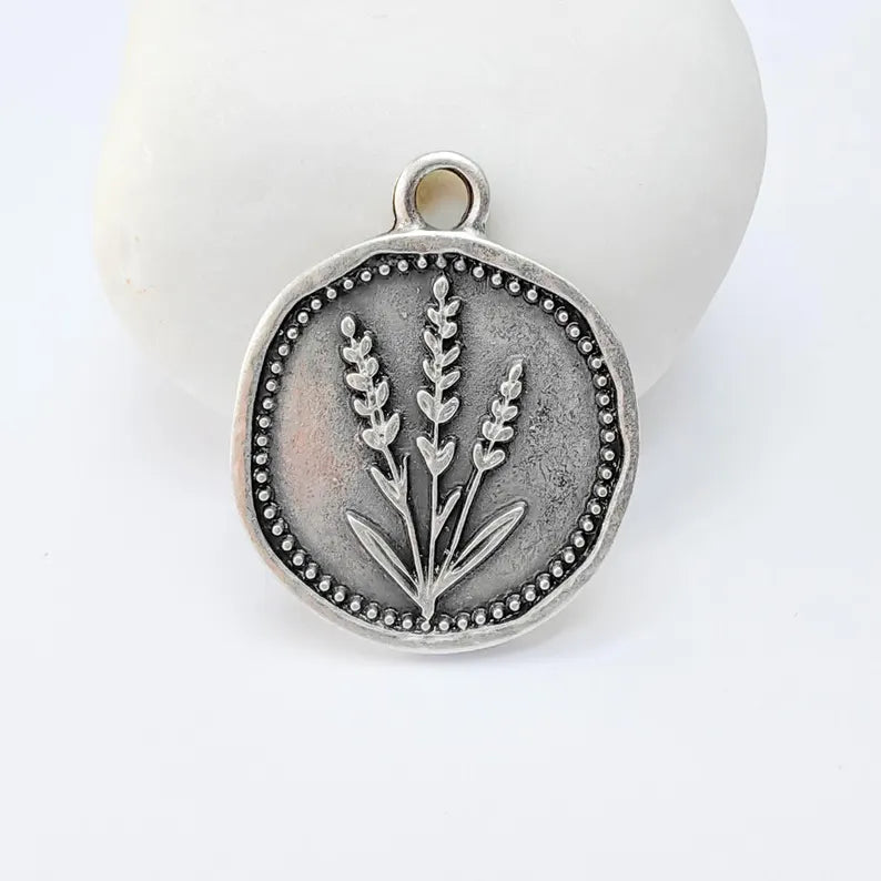 Lavender Flower Charm Pendant, Botanical Floral Design, Antique Silver Plated, Round Shape, 28x24mm, G37767