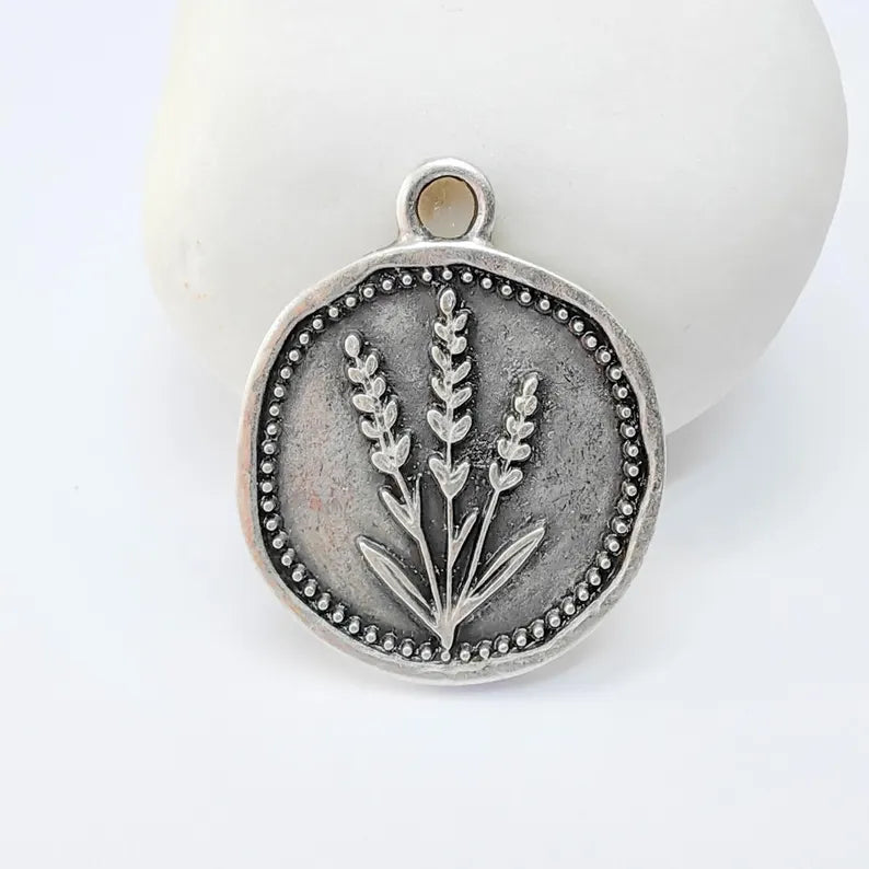 Lavender Flower Charm Pendant, Botanical Floral Design, Antique Silver Plated, Round Shape, 28x24mm, G37767
