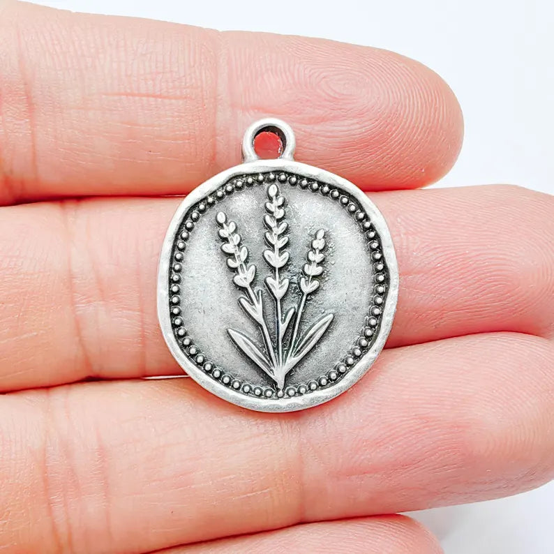 Lavender Flower Charm Pendant, Botanical Floral Design, Antique Silver Plated, Round Shape, 28x24mm, G37767