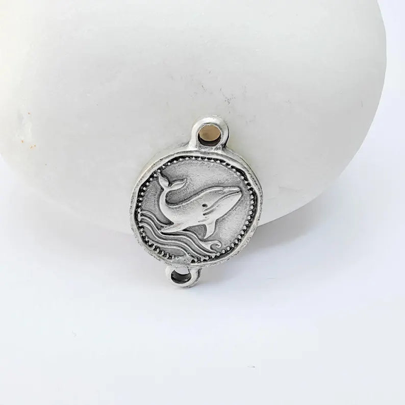 4 Whale Connector Charm, Ocean Animal Design, Oval Shape, Double Sided, 19x13mm, G37770