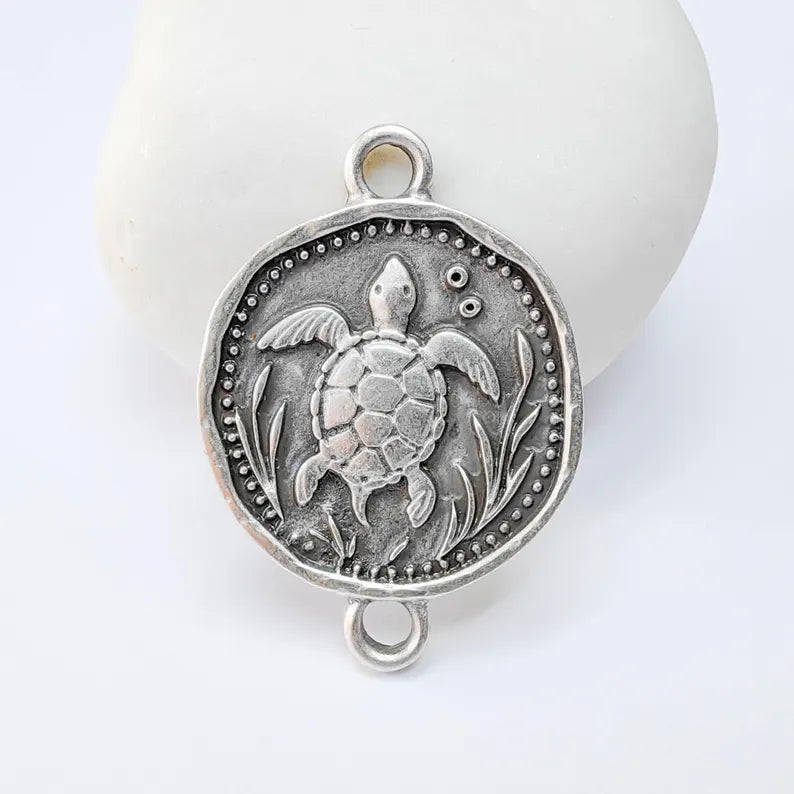 Sea Turtle Charm Connector, Round Ocean Animal Design, Antique Silver Plated, 34x24mm, G37772