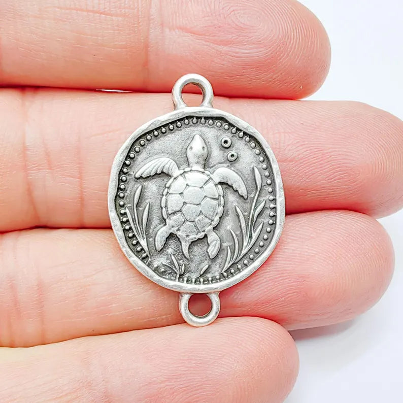 Sea Turtle Charm Connector, Round Ocean Animal Design, Antique Silver Plated, 34x24mm, G37772